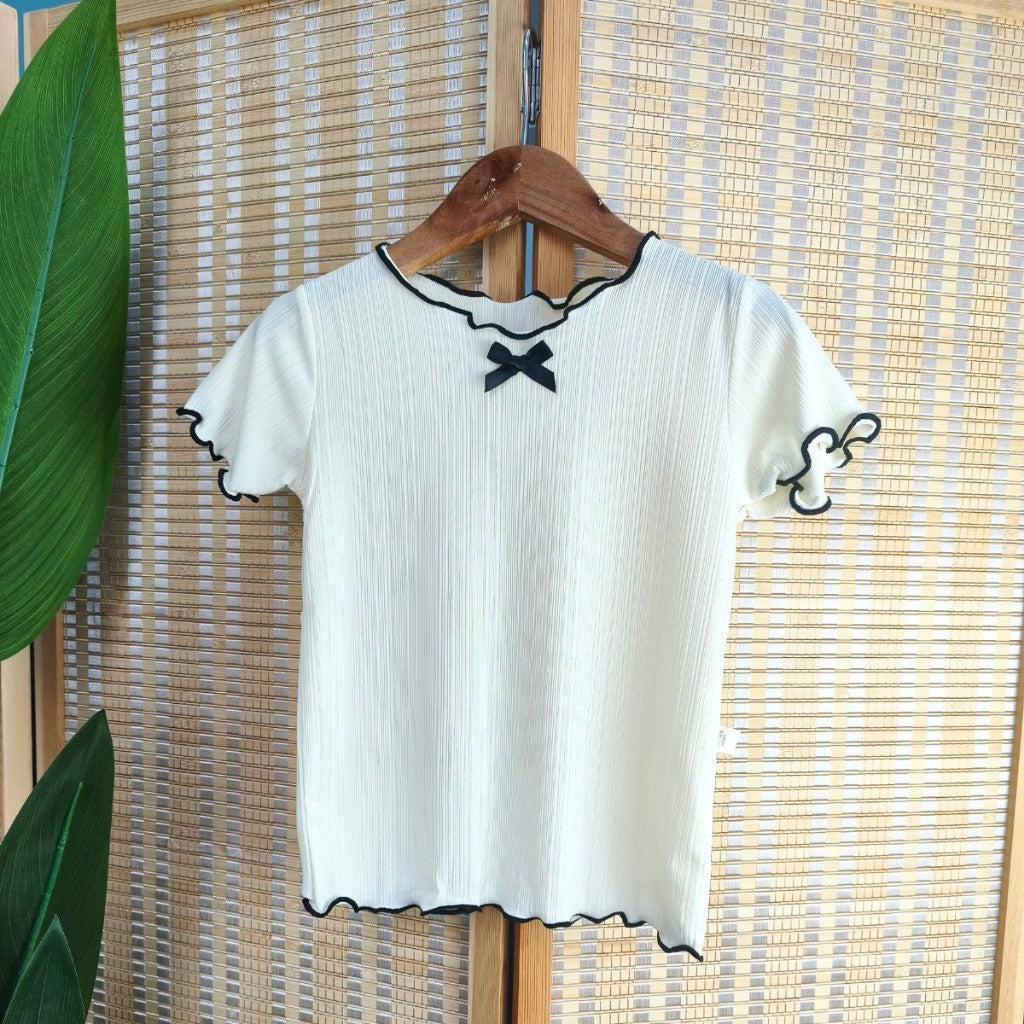Baju Baby Girl 6M-11Y Kids Girl Summer Bow Short Sleeve T-Shirt Wavy Hem Baju Raya Budak Perempuan Toddler Blouse
