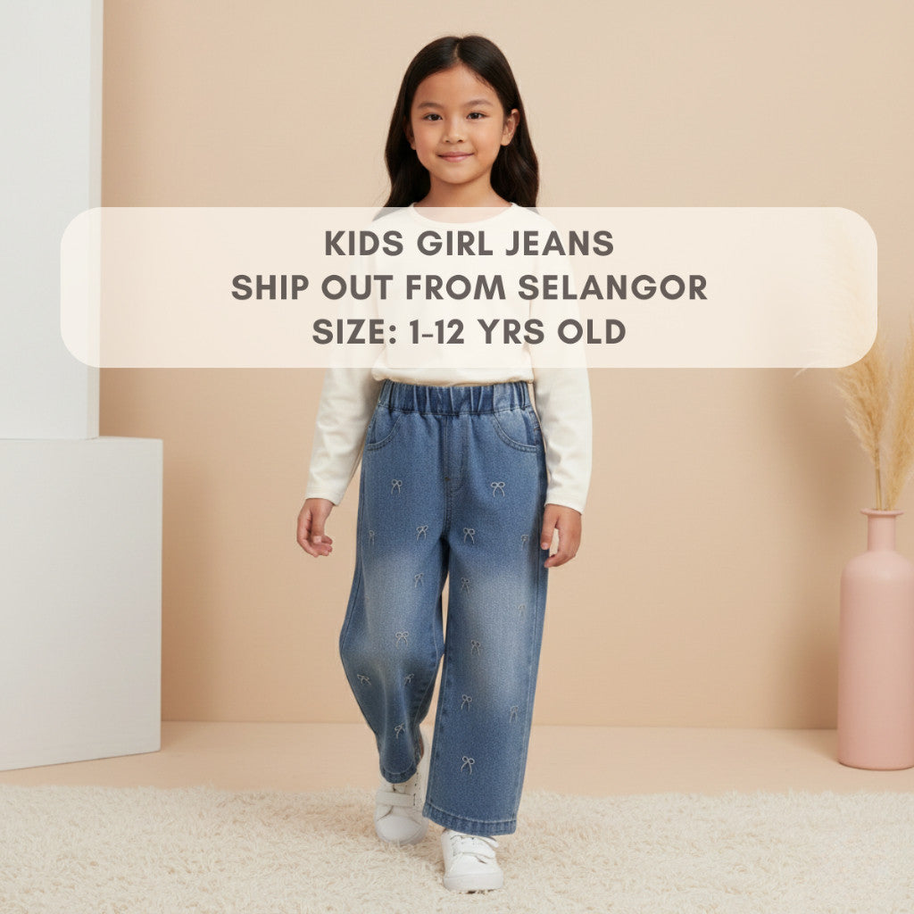 Seluar Jeans Budak Perempuan 1-12Y Kids Girl Jeans Straight Wide Leg Long Pants Palazzo Loose Style Ribbon Baju Raya