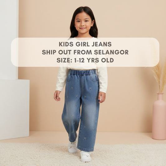 Seluar Jeans Budak Perempuan 1-12Y Kids Girl Jeans Straight Wide Leg Long Pants Palazzo Loose Style Ribbon Baju Raya