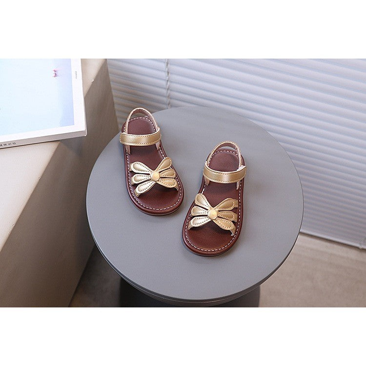 Kasut Sandal Budak Perempuan Korean Style Bunga Anti Slip Soft Sole Velcro PU Leather Anak Jalan