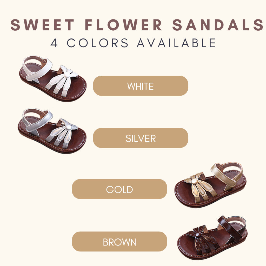 Kasut Sandal Budak Perempuan Korean Style Bunga Anti Slip Soft Sole Velcro PU Leather Anak Jalan