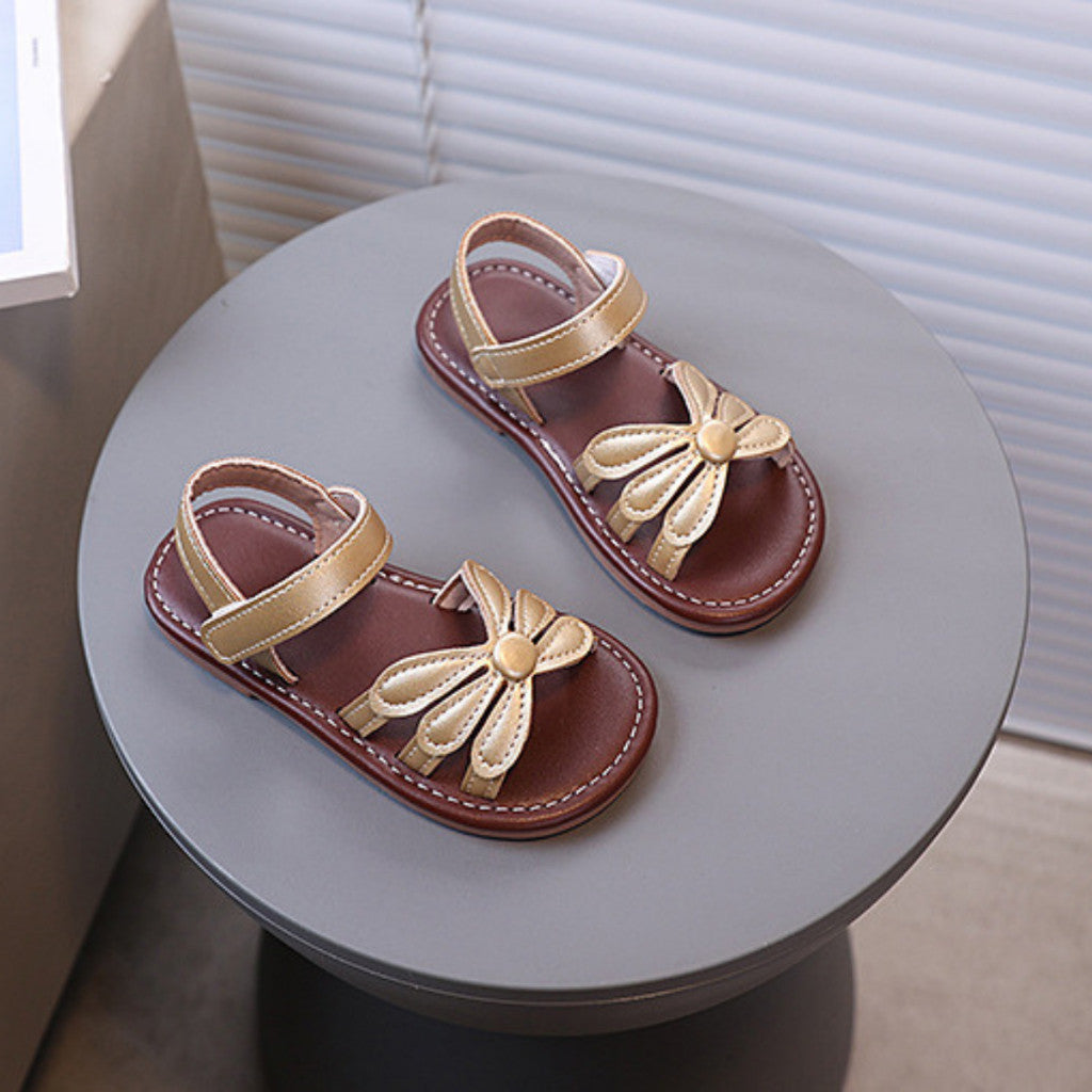 Kasut Sandal Budak Perempuan Korean Style Bunga Anti Slip Soft Sole Velcro PU Leather Anak Jalan
