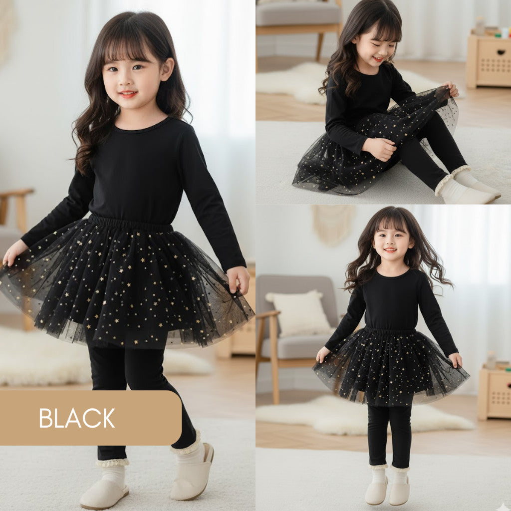 Kids Girl Skirt Legging 1-7Y Seluar Baby Girl Tutu Pants Stars Baju Raya Anak Perempuan Toddler Long Pants Black Gray