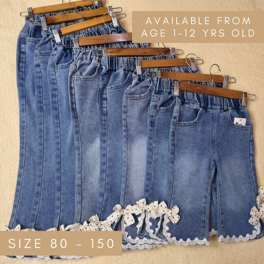 Seluar Jeans Budak Bootcut 1-12Y Kids Girl Long Pants Flared Jeans Elegant Bow Lace Seluar Panjang Baby Girl Baju Raya