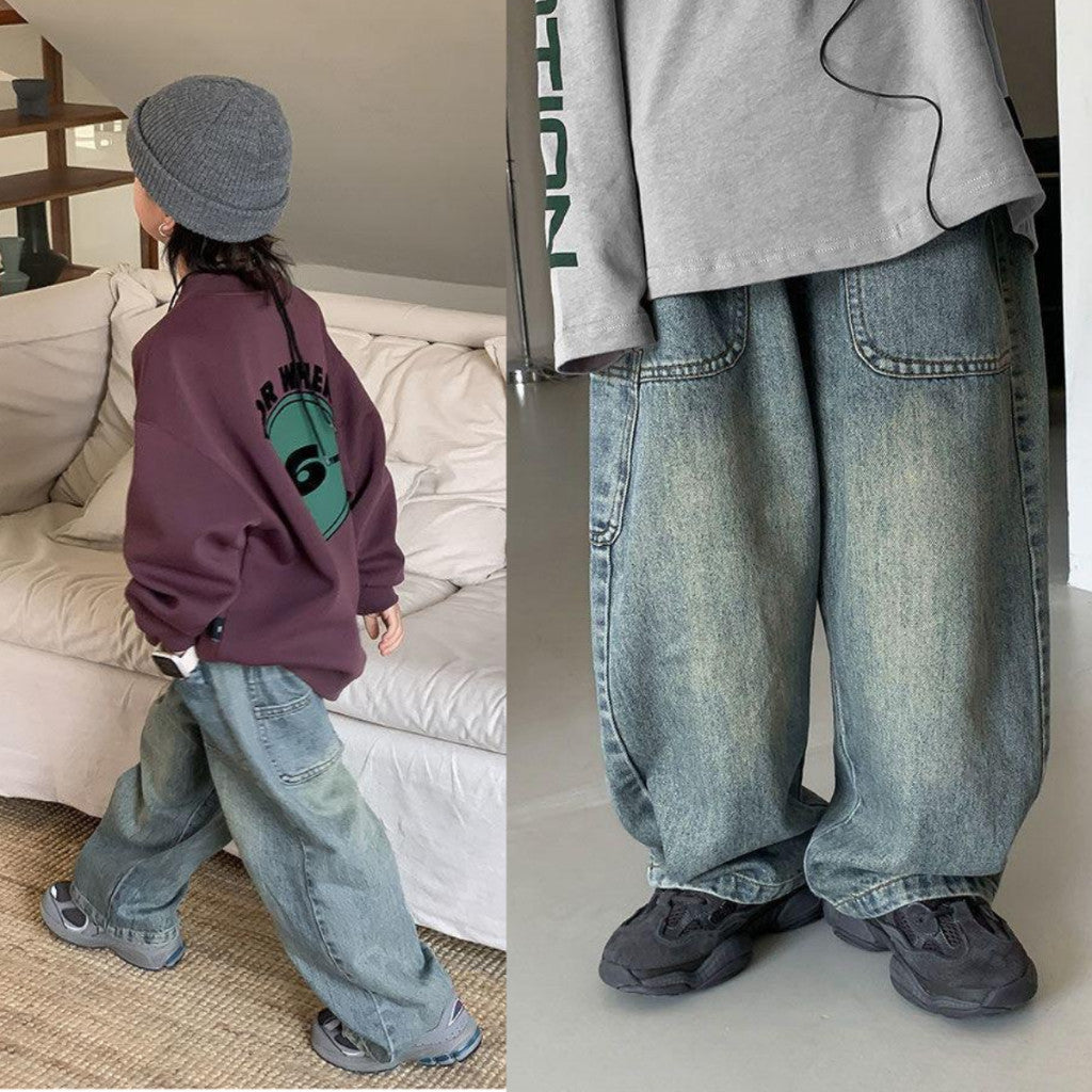 Seluar Panjang Jeans Budak Lelaki 1-12Y Kids Boy Jeans Long Baggy Cargo Pants Baby Boy Jalan Anak Kanak
