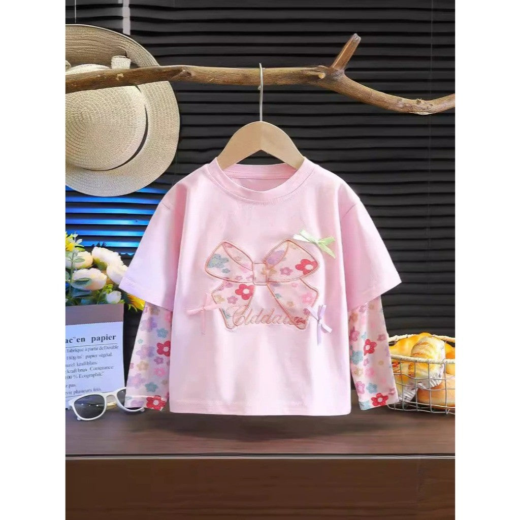 Baju Baby Girl Lengan Panjang 1-8Y Kids Girl Flower Ribbon Long Sleeve Tshirt Blouse Budak Perempuan Baju Raya Merdeka