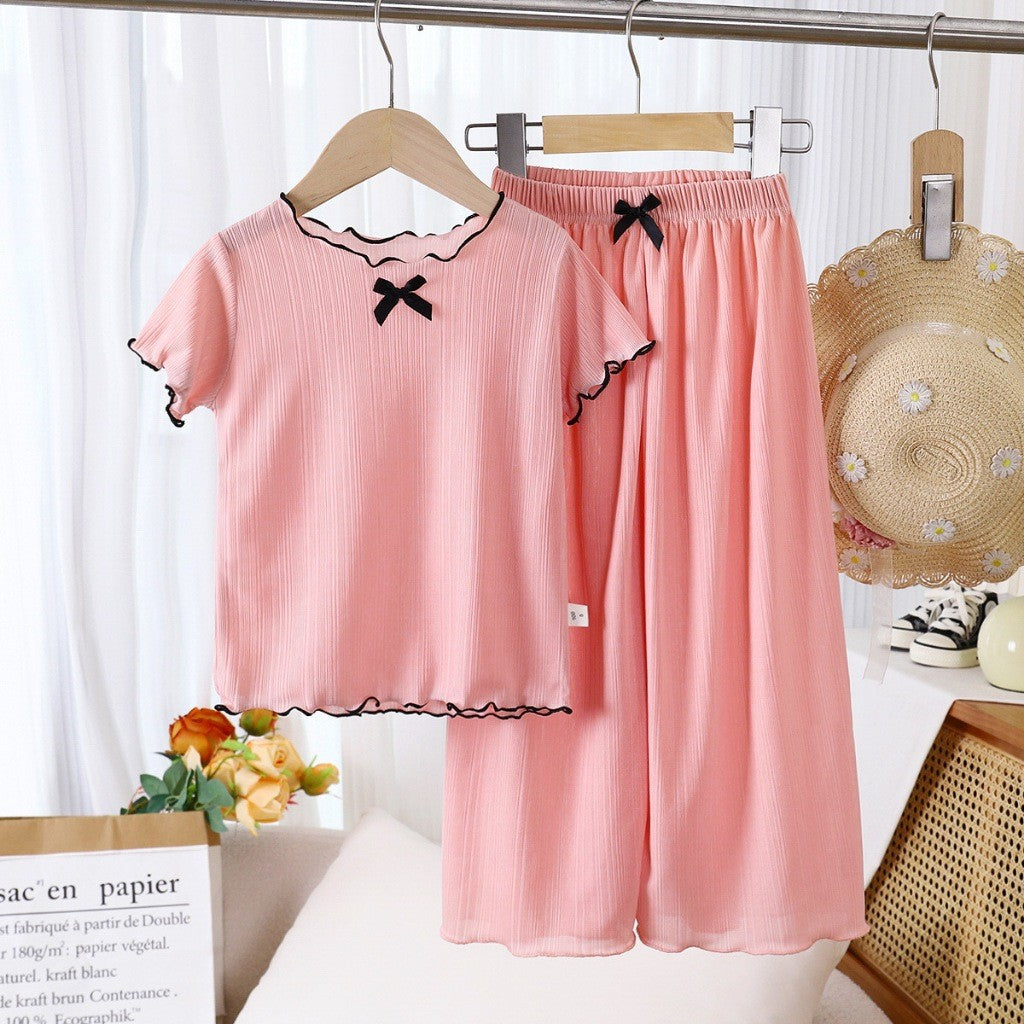 Baju Baby Girl 6M-11Y Kids Girl Summer Bow Short Sleeve T-Shirt Wavy Hem Baju Raya Budak Perempuan Toddler Blouse