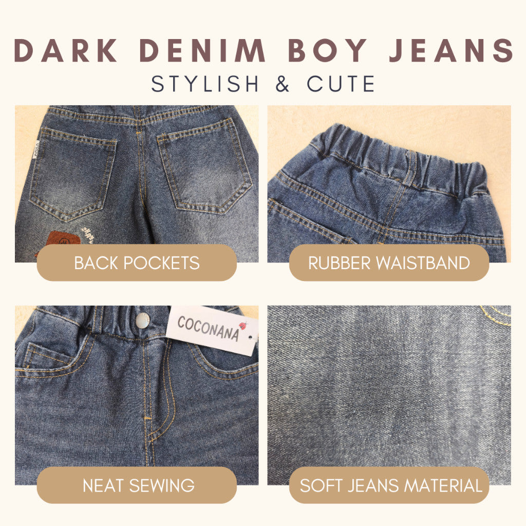 Seluar Jeans Budak Lelaki 1-12Y Kids Long Pants Jeans Dark Denim Cute Embroidery Boy Seluar Panjang Baby Jalan Baju Raya