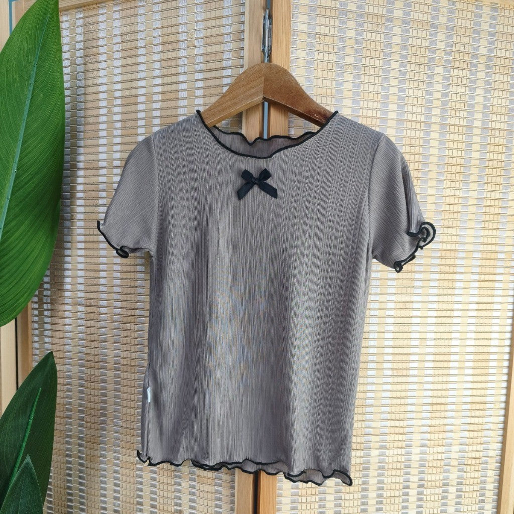 Baju Baby Girl 6M-11Y Kids Girl Summer Bow Short Sleeve T-Shirt Wavy Hem Baju Raya Budak Perempuan Toddler Blouse