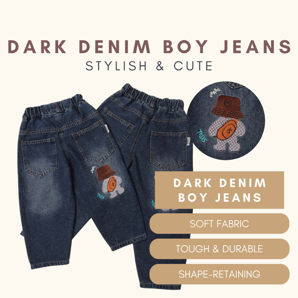 Seluar Jeans Budak Lelaki 1-12Y Kids Long Pants Jeans Dark Denim Cute Embroidery Boy Seluar Panjang Baby Jalan Baju Raya