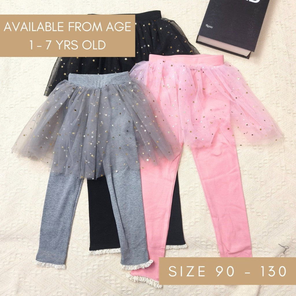 Kids Girl Skirt Legging 1-7Y Seluar Baby Girl Tutu Pants Stars Baju Raya Anak Perempuan Toddler Long Pants Black Gray