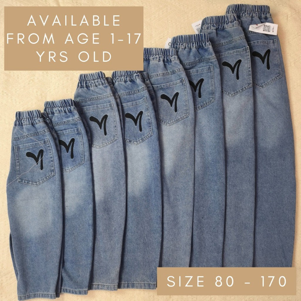Seluar Panjang Jeans Budak Lelaki 1-17Y Kids Boy Long Pants Embroidery Pocket Rubber Waist Band Loose Fit Baby Boy Raya