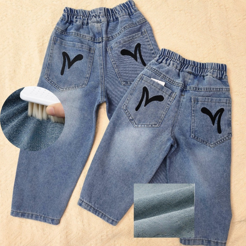Seluar Panjang Jeans Budak Lelaki 1-17Y Kids Boy Long Pants Embroidery Pocket Rubber Waist Band Loose Fit Baby Boy Raya