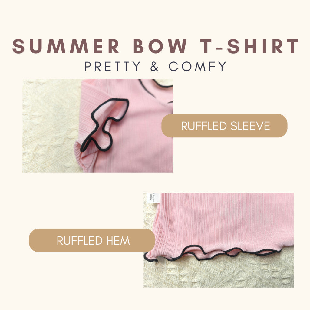 Baju Baby Girl 6M-11Y Kids Girl Summer Bow Short Sleeve T-Shirt Wavy Hem Baju Raya Budak Perempuan Toddler Blouse