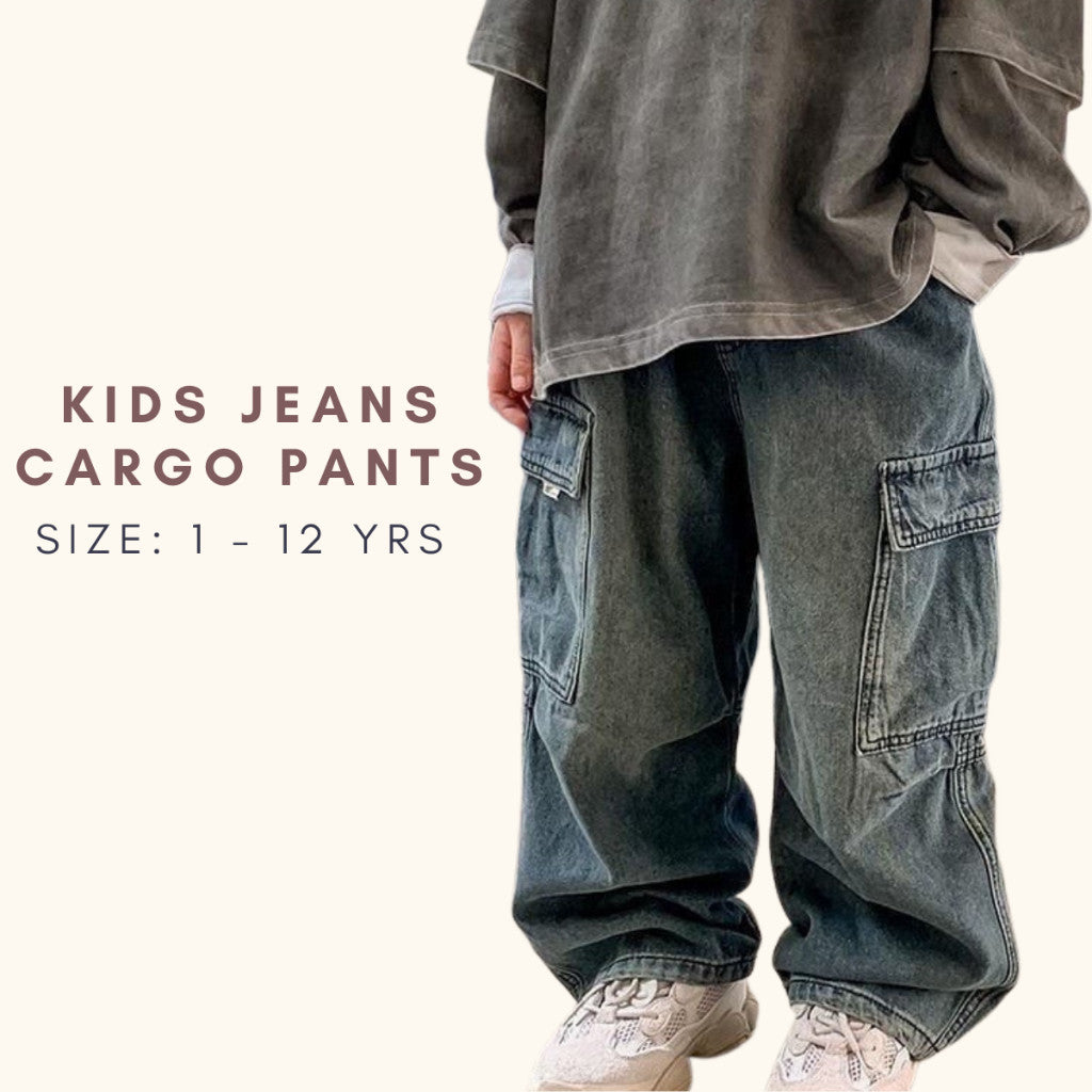 Seluar Panjang Jeans Budak Lelaki 1-12Y Kids Cargo Pants Long Denim Baggy Toddler Clothes Jalan Anak