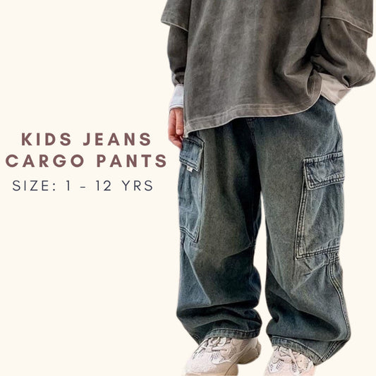 Seluar Panjang Jeans Budak Lelaki 1-12Y Kids Cargo Pants Long Denim Baggy Toddler Clothes Jalan Anak