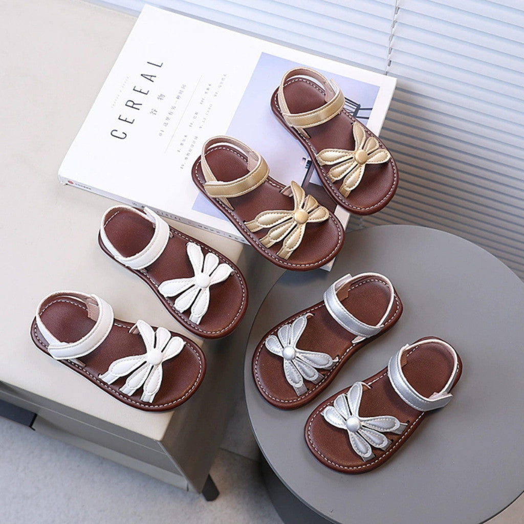 Kasut Sandal Budak Perempuan Korean Style Bunga Anti Slip Soft Sole Velcro PU Leather Anak Jalan