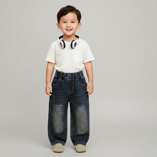 Seluar Jeans Budak Lelaki 1-12Y Kids Long Pants Jeans Dark Denim Cute Embroidery Boy Seluar Panjang Baby Jalan Baju Raya