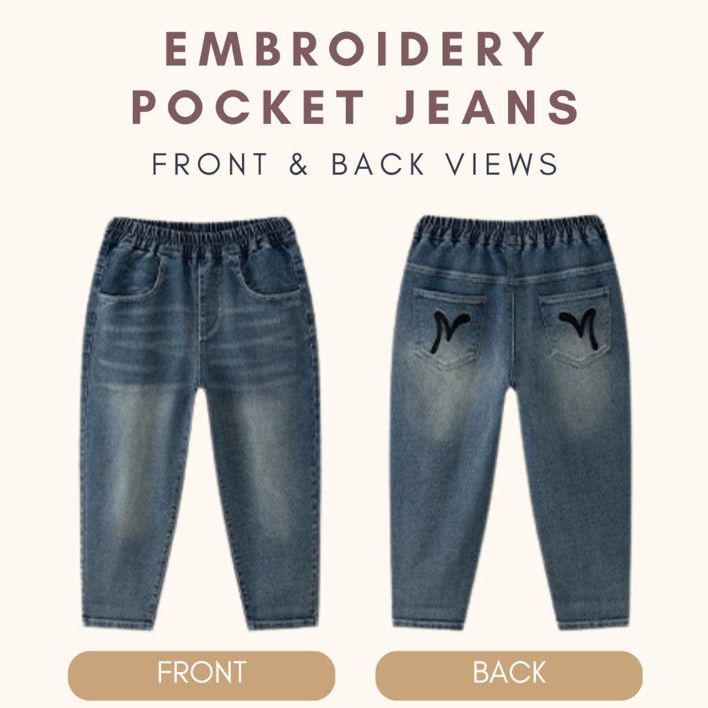 Seluar Panjang Jeans Budak Lelaki 1-17Y Kids Boy Long Pants Embroidery Pocket Rubber Waist Band Loose Fit Baby Boy Raya