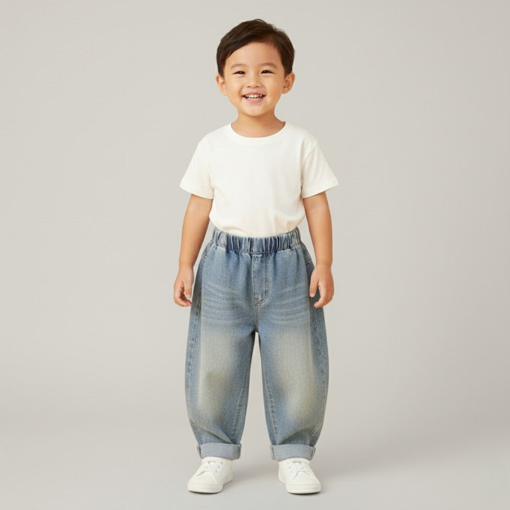 Seluar Panjang Budak Jeans Lelaki 1-17Y Kids Long Pants Vintage Relaxed Tapered Fit Button Jeans Anak Baju Raya Baby Boy