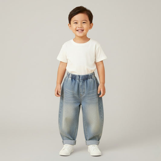 Seluar Panjang Budak Jeans Lelaki 1-17Y Kids Long Pants Vintage Relaxed Tapered Fit Button Jeans Anak Baju Raya Baby Boy