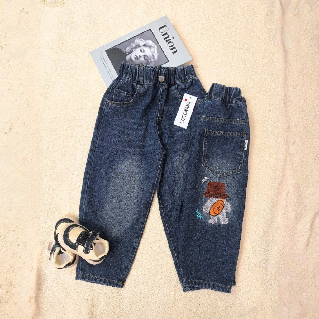 Seluar Jeans Budak Lelaki 1-12Y Kids Long Pants Jeans Dark Denim Cute Embroidery Boy Seluar Panjang Baby Jalan Baju Raya