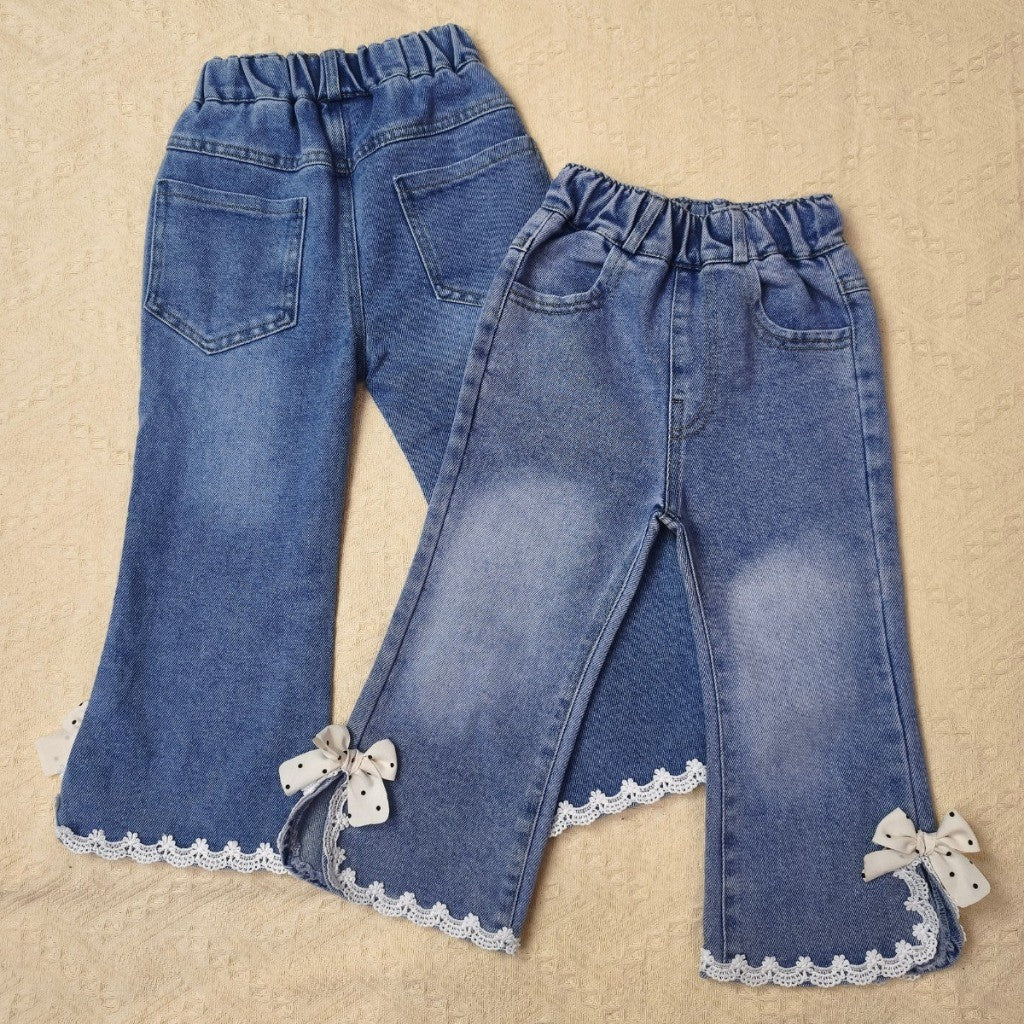 Seluar Jeans Budak Bootcut 1-12Y Kids Girl Long Pants Flared Jeans Elegant Bow Lace Seluar Panjang Baby Girl Baju Raya