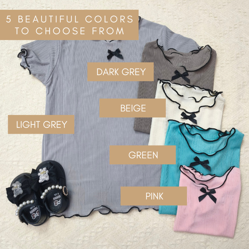 Baju Baby Girl 6M-11Y Kids Girl Summer Bow Short Sleeve T-Shirt Wavy Hem Baju Raya Budak Perempuan Toddler Blouse
