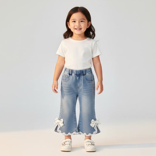 Seluar Jeans Budak Bootcut 1-12Y Kids Girl Long Pants Flared Jeans Elegant Bow Lace Seluar Panjang Baby Girl Baju Raya