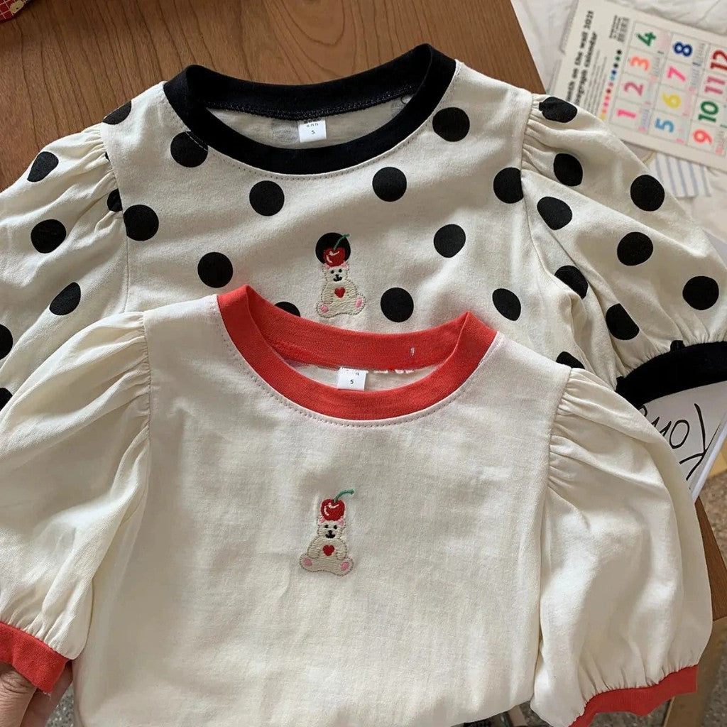 Baju Baby Girl 6M-6Y Kids Girl Bubble Sleeve Retro Blouse Budak Perempuan Baju Raya Merdeka Polka Dot White Toddler