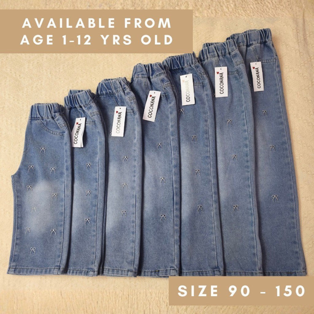 Seluar Jeans Budak Perempuan 1-12Y Kids Girl Jeans Straight Wide Leg Long Pants Palazzo Loose Style Ribbon Baju Raya