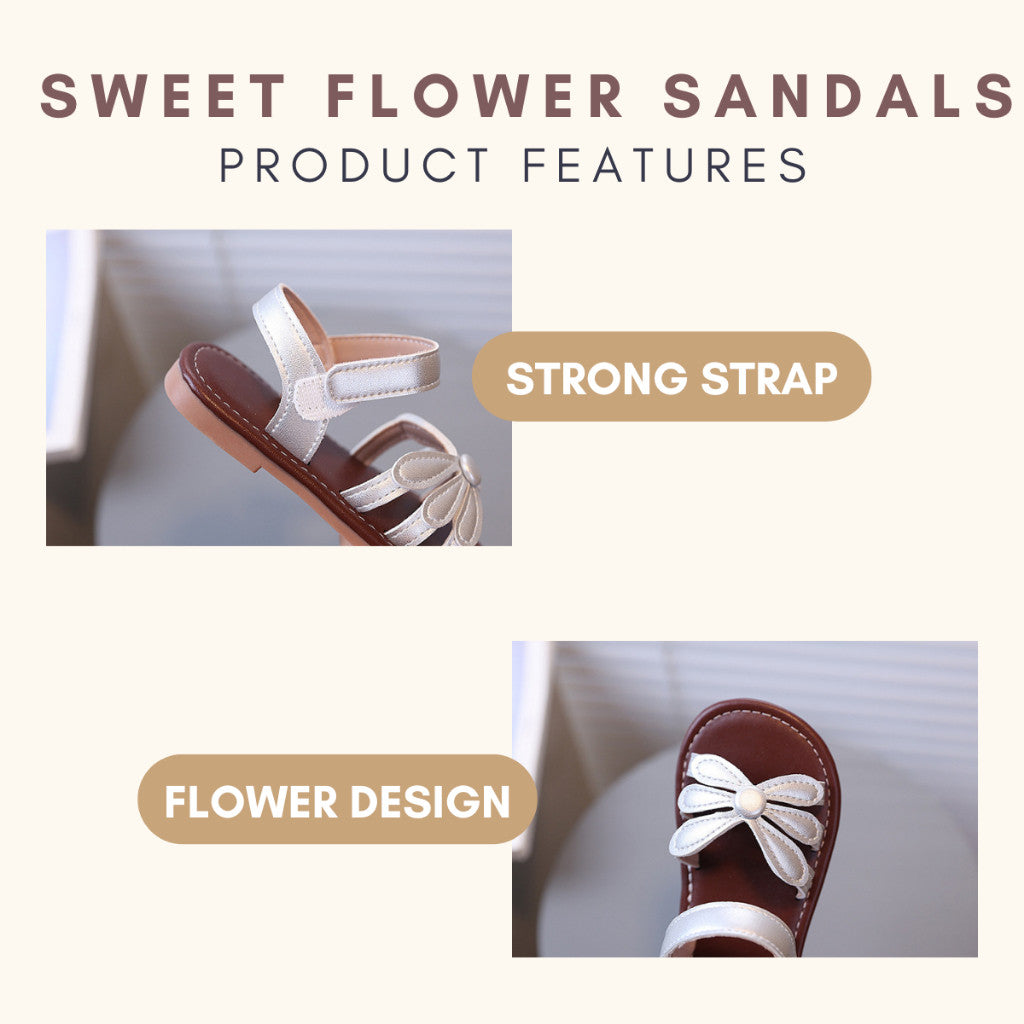 Kasut Sandal Budak Perempuan Korean Style Bunga Anti Slip Soft Sole Velcro PU Leather Anak Jalan