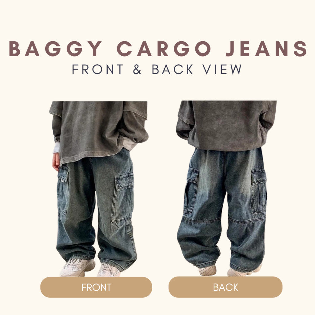 Seluar Panjang Jeans Budak Lelaki 1-12Y Kids Cargo Pants Long Denim Baggy Toddler Clothes Jalan Anak