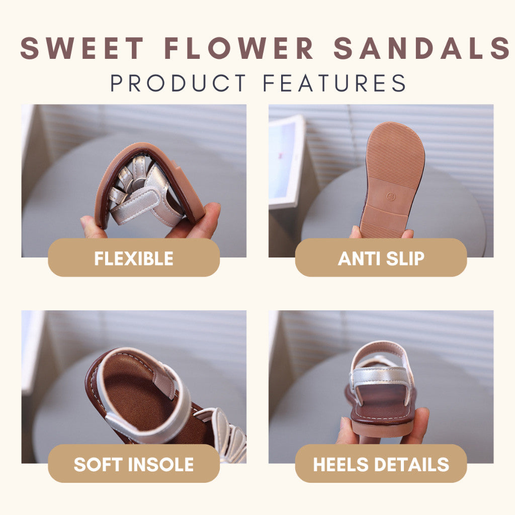 Kasut Sandal Budak Perempuan Korean Style Bunga Anti Slip Soft Sole Velcro PU Leather Anak Jalan