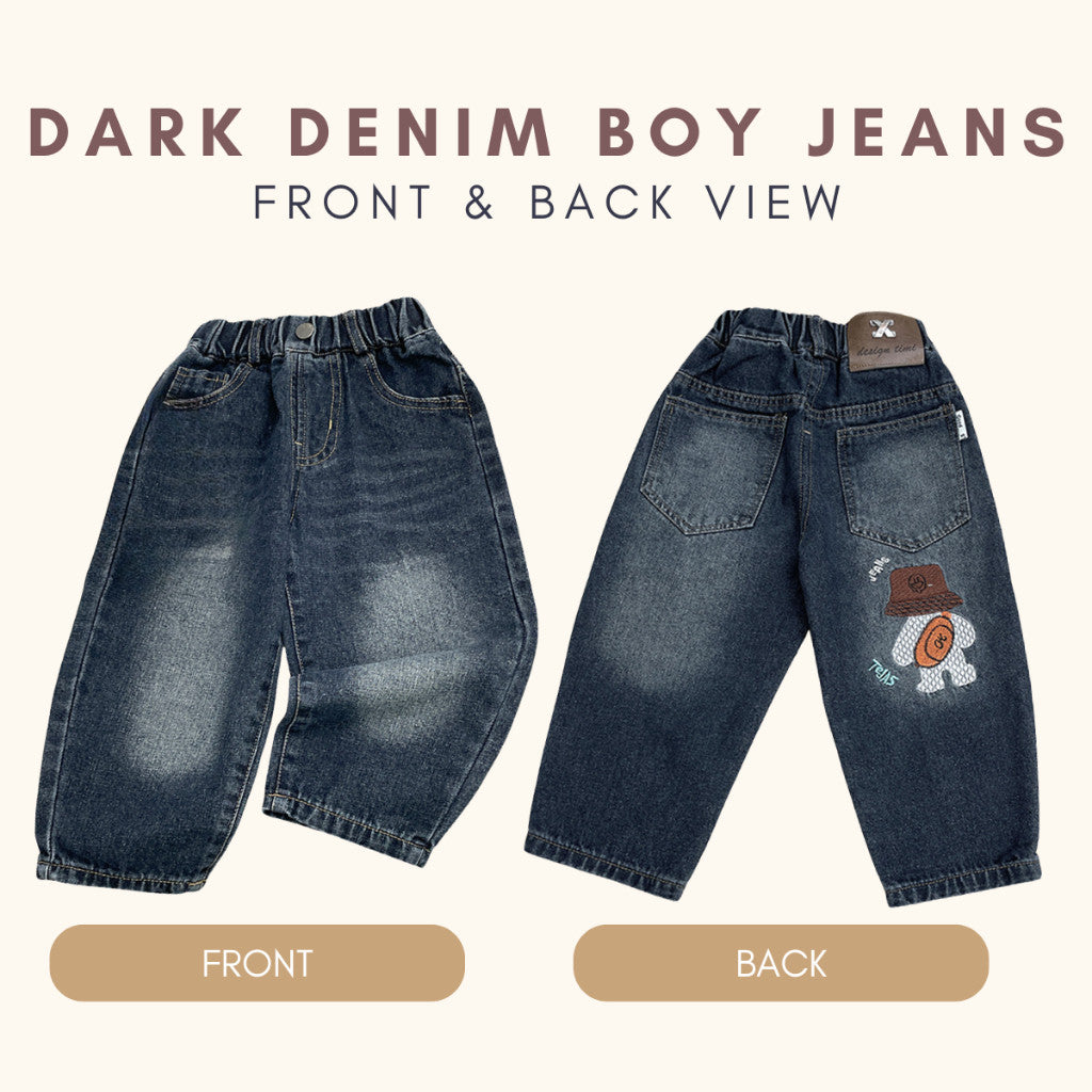 Seluar Jeans Budak Lelaki 1-12Y Kids Long Pants Jeans Dark Denim Cute Embroidery Boy Seluar Panjang Baby Jalan Baju Raya