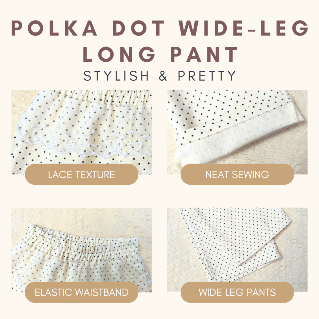 Seluar Panjang Baby Girl 1-9Y Kids Pants Pure Cotton Polka Dot Wide Leg Long Pant with Lace Baju Raya Budak Perempuan