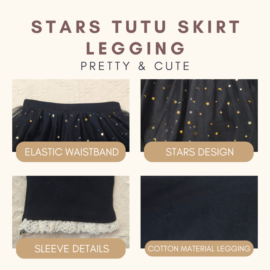 Kids Girl Skirt Legging 1-7Y Seluar Baby Girl Tutu Pants Stars Baju Raya Anak Perempuan Toddler Long Pants Black Gray