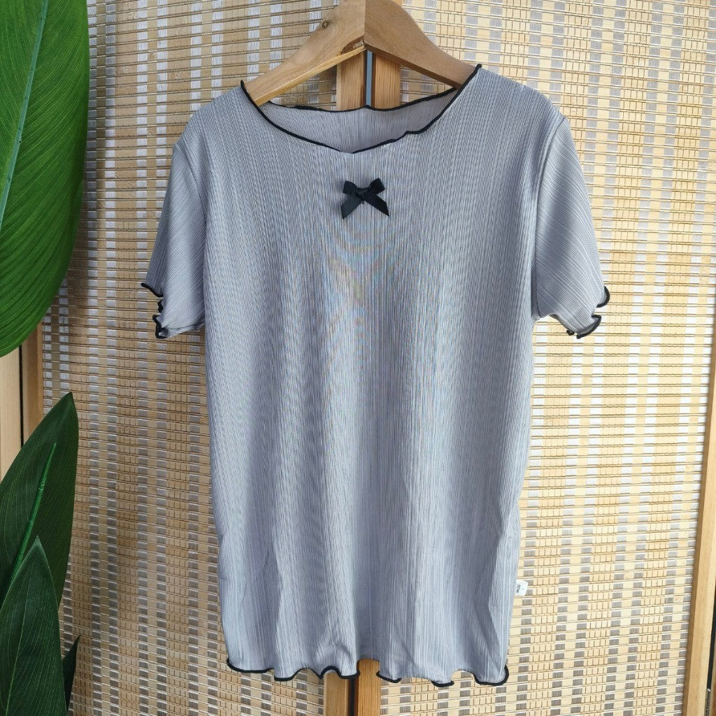 Baju Baby Girl 6M-11Y Kids Girl Summer Bow Short Sleeve T-Shirt Wavy Hem Baju Raya Budak Perempuan Toddler Blouse
