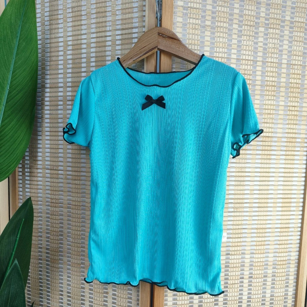 Baju Baby Girl 6M-11Y Kids Girl Summer Bow Short Sleeve T-Shirt Wavy Hem Baju Raya Budak Perempuan Toddler Blouse