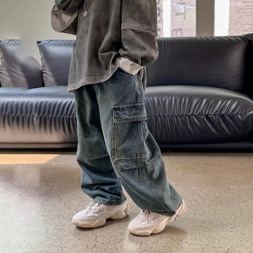 Seluar Panjang Jeans Budak Lelaki 1-12Y Kids Cargo Pants Long Denim Baggy Toddler Clothes Jalan Anak