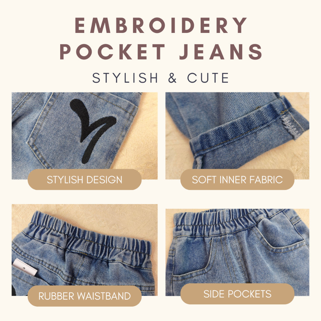 Seluar Panjang Jeans Budak Lelaki 1-17Y Kids Boy Long Pants Embroidery Pocket Rubber Waist Band Loose Fit Baby Boy Raya