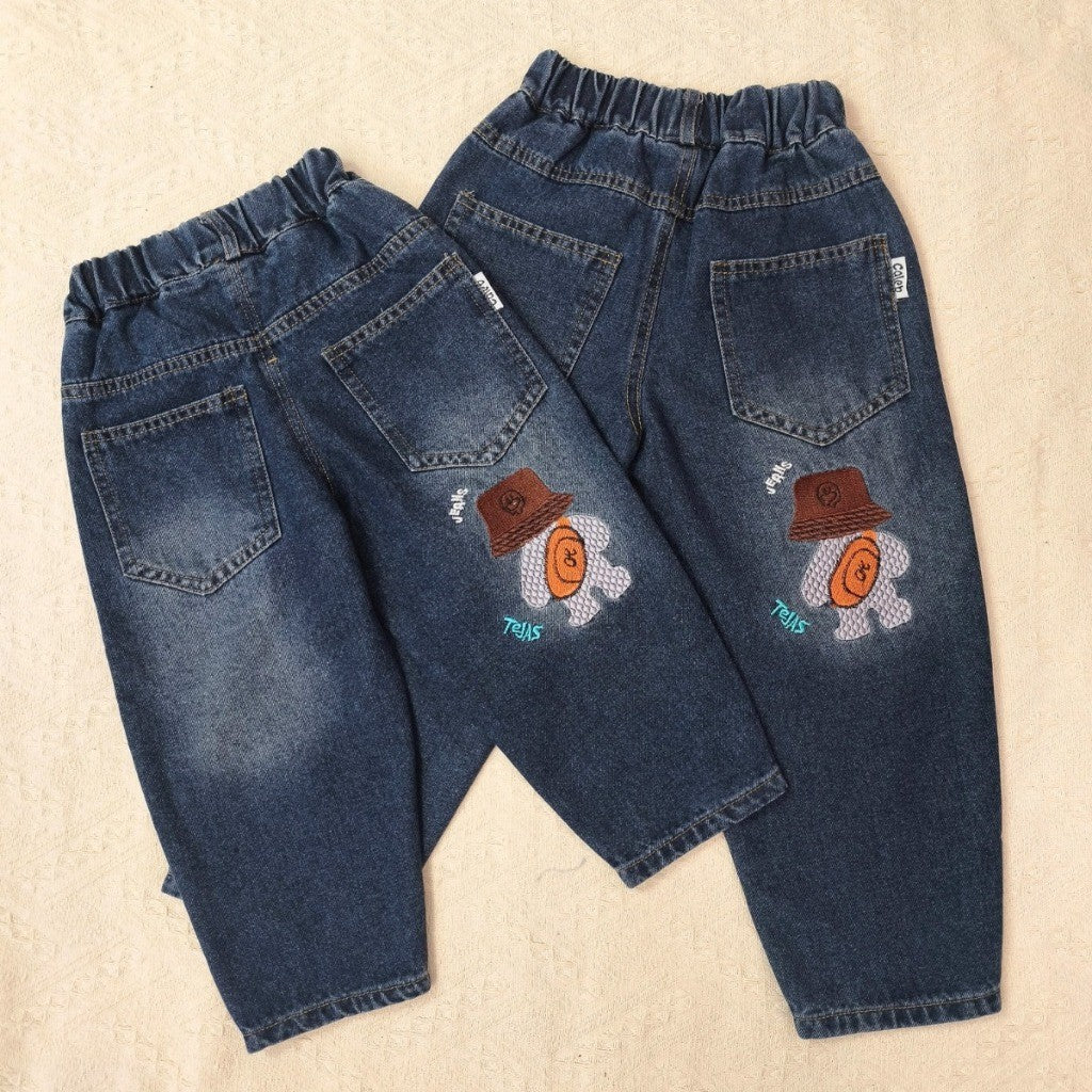 Seluar Jeans Budak Lelaki 1-12Y Kids Long Pants Jeans Dark Denim Cute Embroidery Boy Seluar Panjang Baby Jalan Baju Raya
