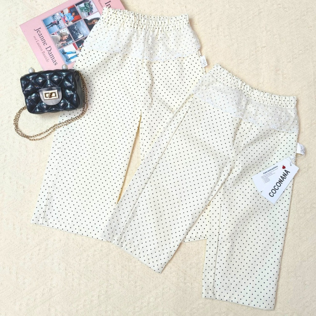 Seluar Panjang Baby Girl 1-9Y Kids Pants Pure Cotton Polka Dot Wide Leg Long Pant with Lace Baju Raya Budak Perempuan