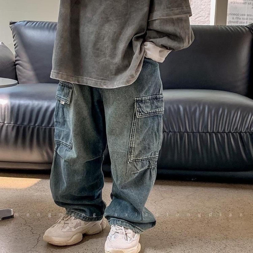 Seluar Panjang Jeans Budak Lelaki 1-12Y Kids Cargo Pants Long Denim Baggy Toddler Clothes Jalan Anak