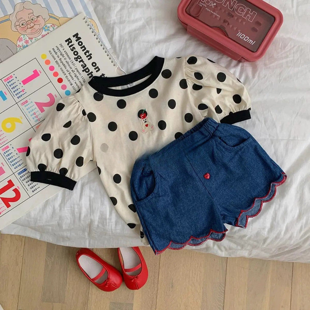 Baju Baby Girl 6M-6Y Kids Girl Bubble Sleeve Retro Blouse Budak Perempuan Baju Raya Merdeka Polka Dot White Toddler
