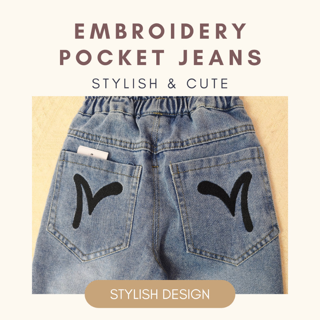 Seluar Panjang Jeans Budak Lelaki 1-17Y Kids Boy Long Pants Embroidery Pocket Rubber Waist Band Loose Fit Baby Boy Raya