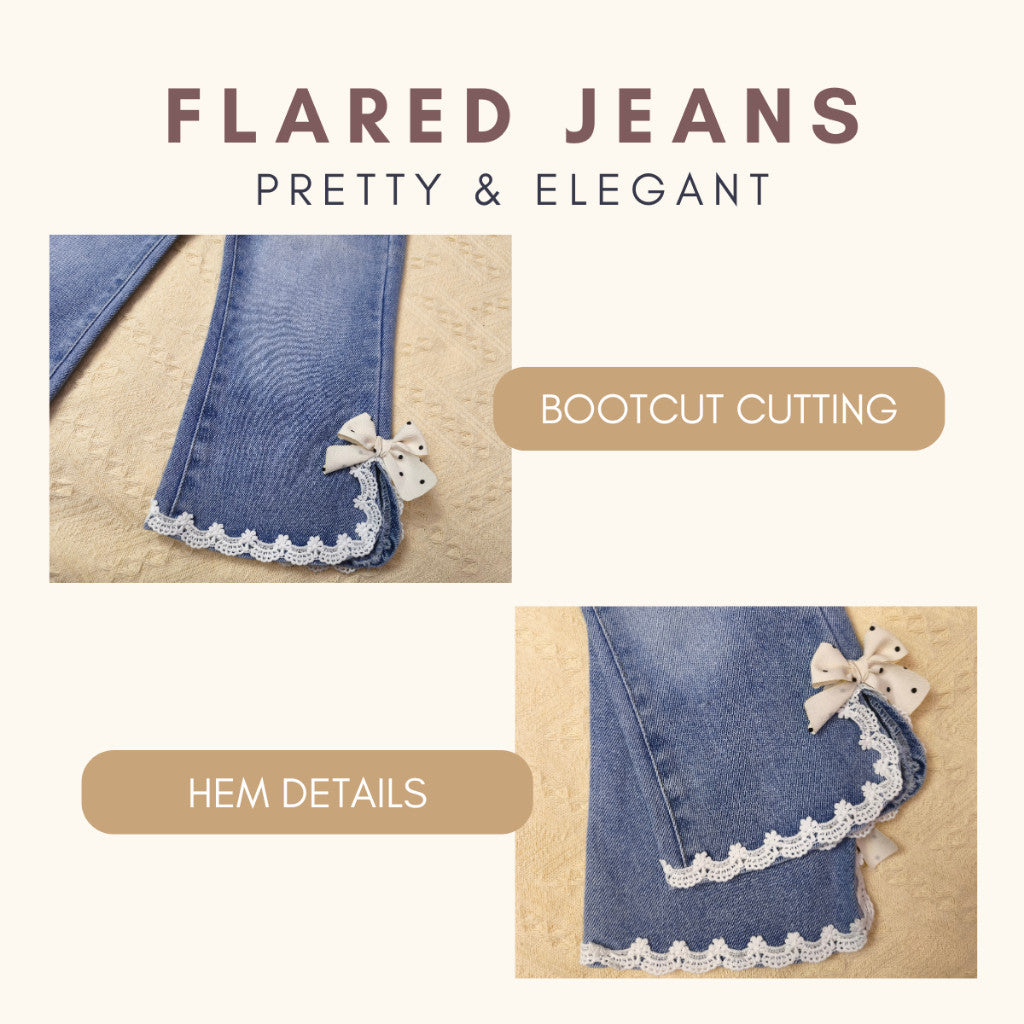 Seluar Jeans Budak Bootcut 1-12Y Kids Girl Long Pants Flared Jeans Elegant Bow Lace Seluar Panjang Baby Girl Baju Raya