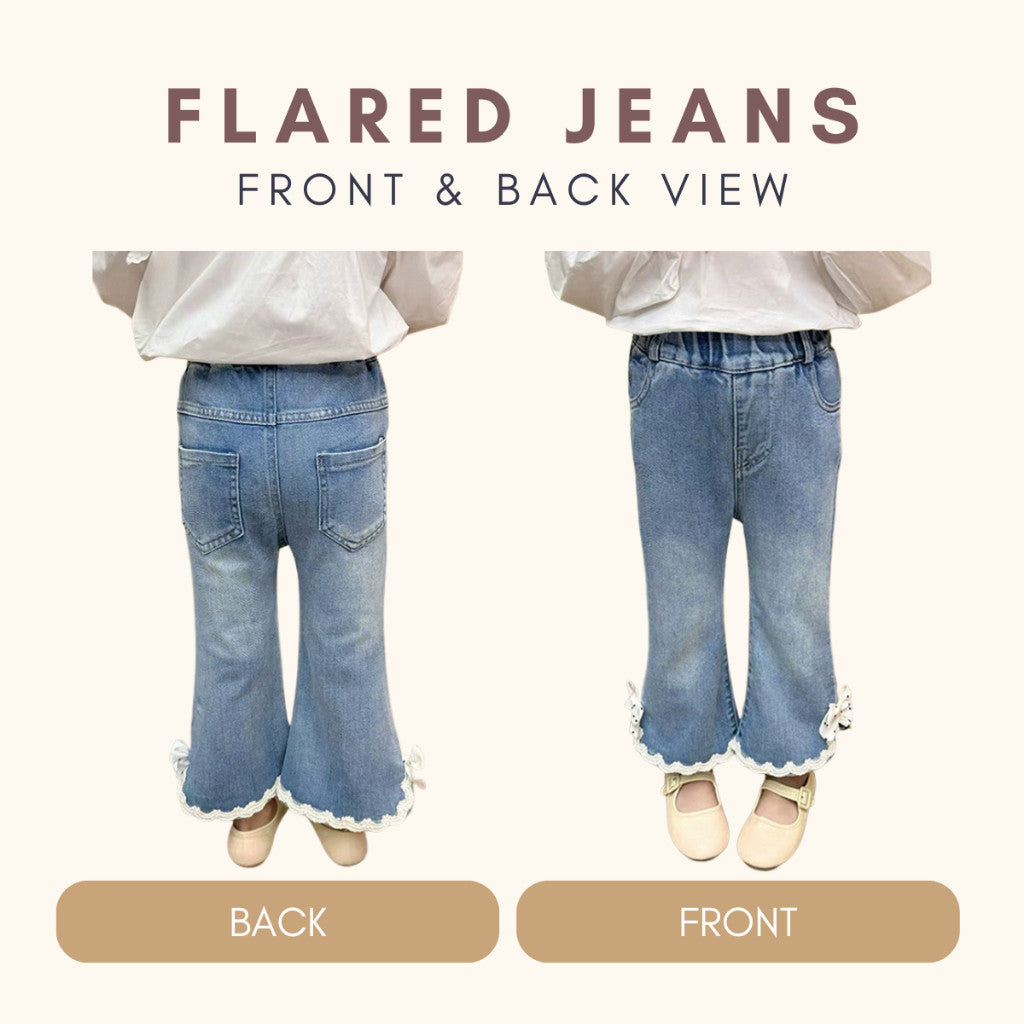 Seluar Jeans Budak Bootcut 1-12Y Kids Girl Long Pants Flared Jeans Elegant Bow Lace Seluar Panjang Baby Girl Baju Raya
