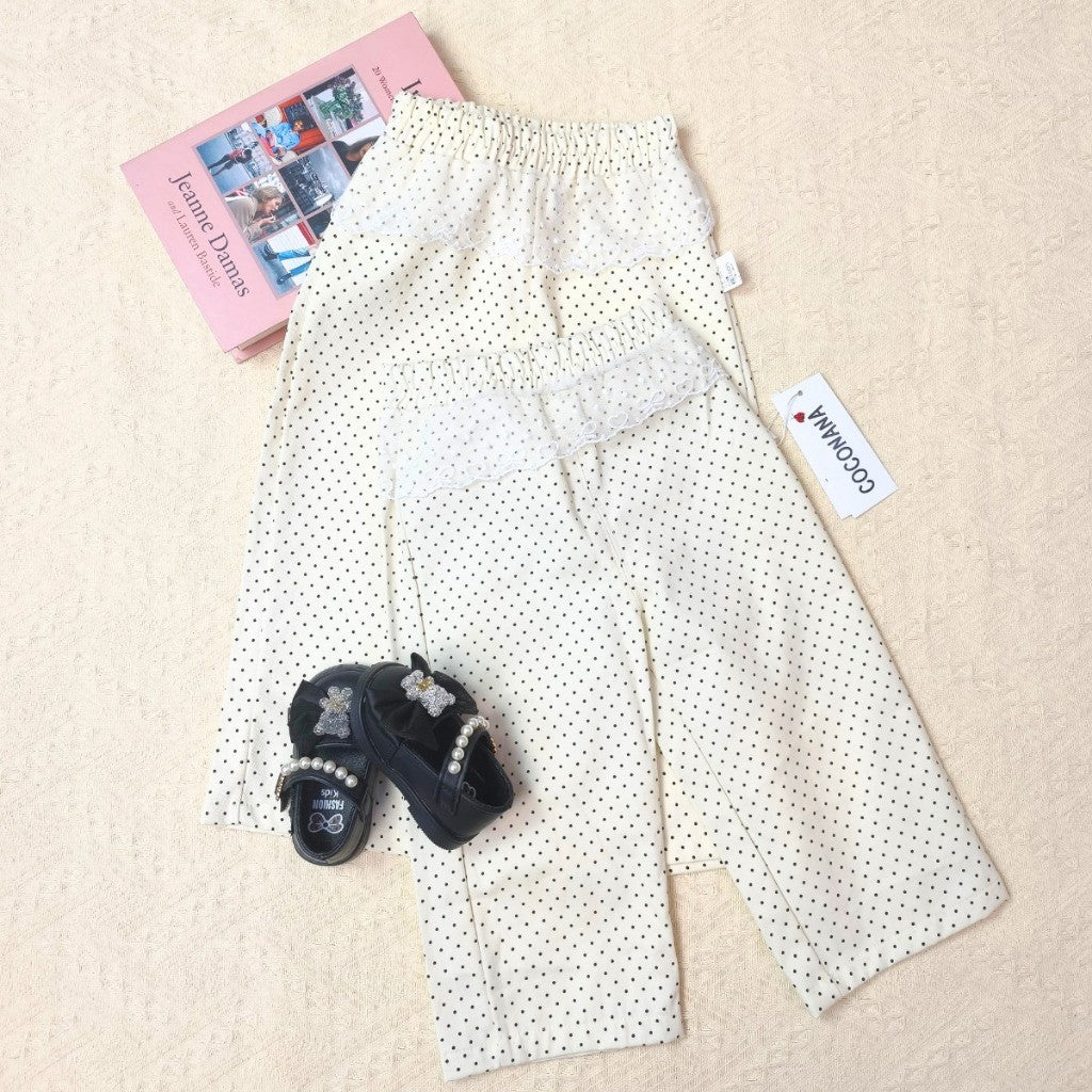 Seluar Panjang Baby Girl 1-9Y Kids Pants Pure Cotton Polka Dot Wide Leg Long Pant with Lace Baju Raya Budak Perempuan
