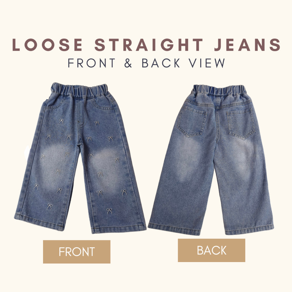 Seluar Jeans Budak Perempuan 1-12Y Kids Girl Jeans Straight Wide Leg Long Pants Palazzo Loose Style Ribbon Baju Raya